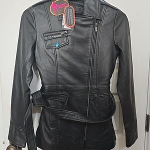 Truly Naked Daniel Smart Co. Women’s Black Leather Belted Moto Jacket